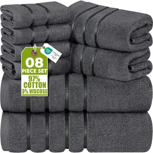 8- Luxury Towel Set, 2 Bath , 2 Hand , and 4 Wash Cloths, 600 GSM Ring Spun  Highly Absorbent Viscose Stripe  Ideal for Everyday use (Grey)