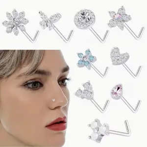 9pcs Nose Rings Stud, L Bone Screw Shaped Nose Ring, Flower Snowflake Butterfly Screw Nose Stud summervibes