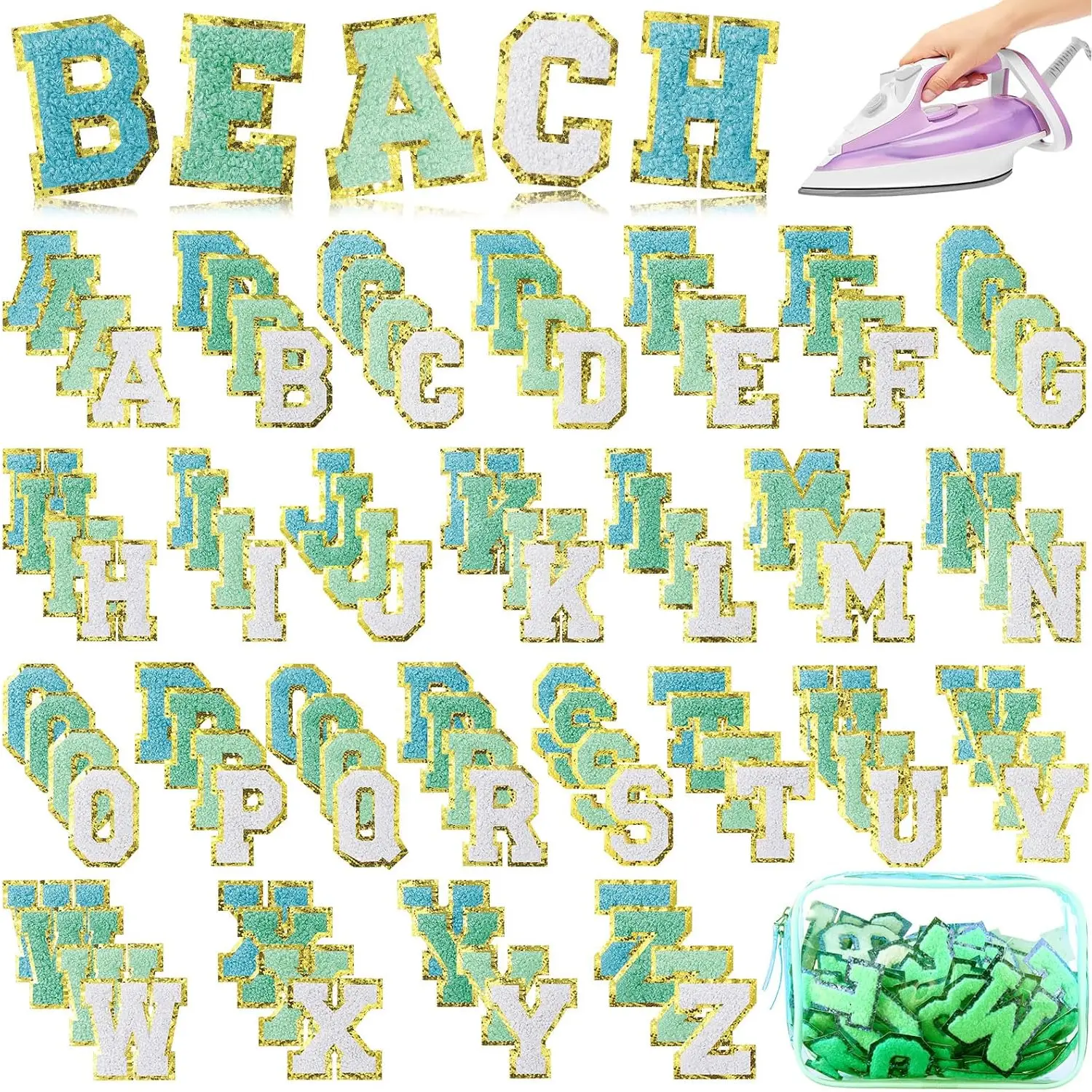 Macaron Color Chenille Letter Patches, 104pcs Cotton Alphabet with Golden Glitter, Self-Adhesive and Easy Iron-On for Clothing, Backpacks, Hats, Backpack, Easy To Apply, Golden Glitter Stickers, Macarons Color, Multicolor