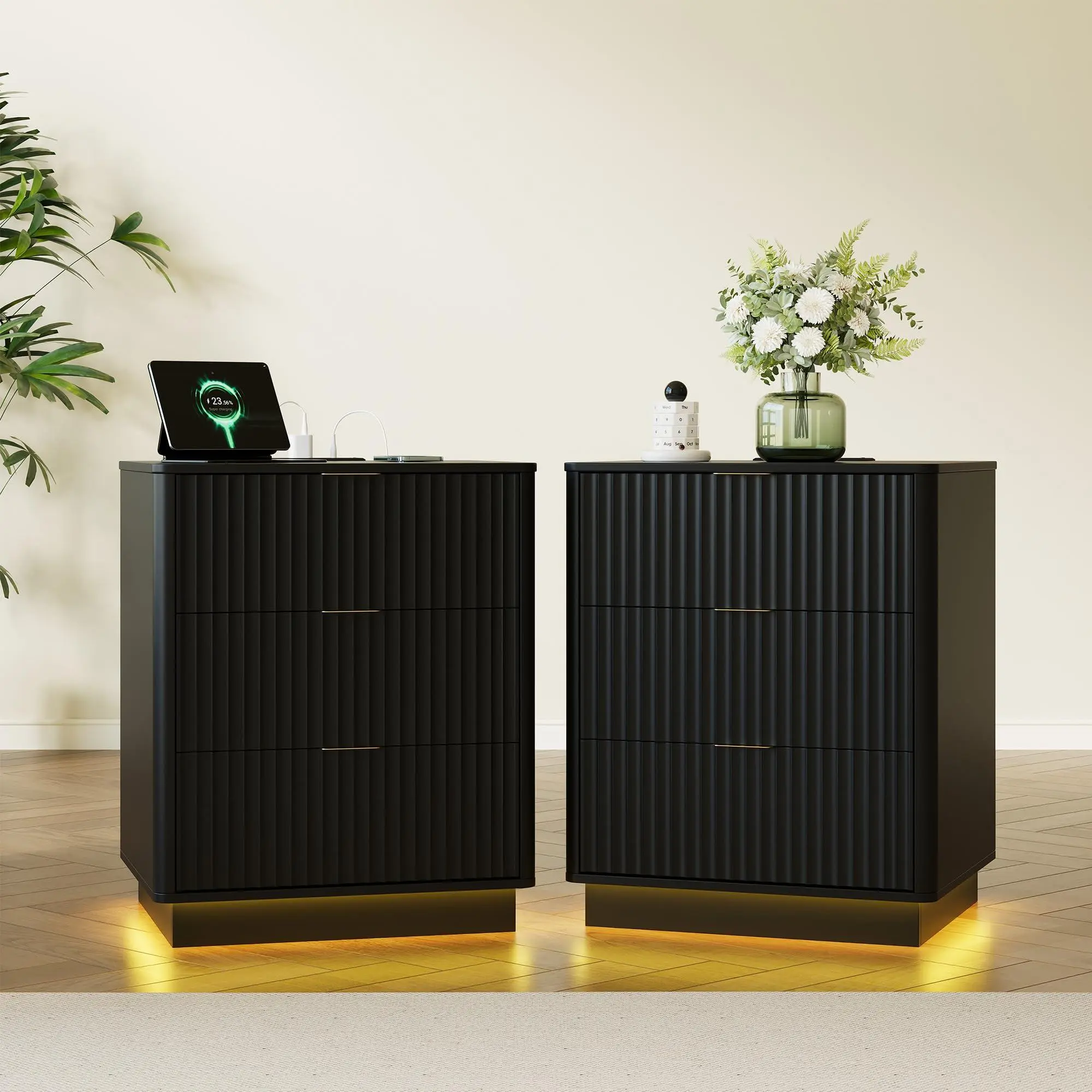 2-Piece Fluted Wooden Nightstand Set with Charging Station & LED Light, Mid-Century Modern 3-Drawer Bedside End Table (20x15.7x24"), Black Bedroom Furniture