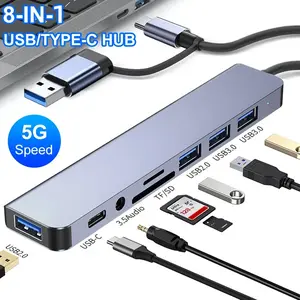 8-in-1 USB C HUB, USB Splitter, USB Expander with 4 USB Ports, 1 USB C TF/SD Card Reader, 3.5mm Audio Output, Compatible with Macbook Pro/iPad Pro/HP Laptops