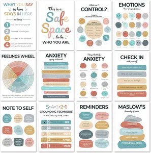 12 Pcs Mental Health Posters, Therapy Office Decor, Counseling Office Must Haves, School Counselor Supplies, Mental Health Gifts, Inspirational Posters Positive Quotes Wall Decor Classroom for Home