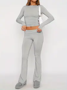 Two-Piece Set Women's Plain PantsSet, Casual Long Sleeve Crop Tee &Fold Over Waist Flare Leg Trousers SetOutfit Sets for Women, Back To SchoolOutfits,Ladies autumn Two-pieceOutfits for Daily Outdoor Wear