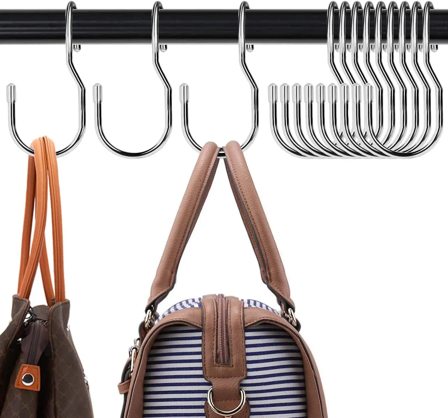 Large Heavy Duty Durable Steel Coated Bag Hangers (12 Pieces) - 5 in Tool-Free Closet Rod Hooks with Rubber Stops, Multi-Purpose Hooks for Bags, Belts