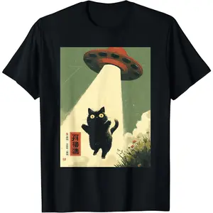 Black Vintage Graphic T-Shirt |   Japanese Cat Alien Cat Dad UFO Abduction