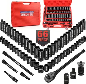 66-Piece 1/2" Drive Impact Socket Set, SAE 3/8" to 1-1/4" and Metric 10-24mm, Deep & Standard 6-Point Cr-V Sockets with Ratchet, Extension Bars, Adapters, Universal Joint, Drill Adapter, Storage Case fathersdaygift