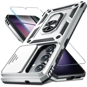 Compatible with Samsung Galaxy S25 FE Case Built in Slide Camera Lens Cover+Screen Protector+Finger Ring Holder Kickstand,Heavy Duty Shockproof Full Body Phone Cover,2025 Silver