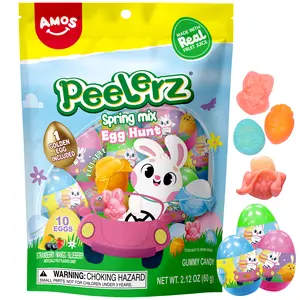 AMOS Peelerz Spring Mix Egg Hunt Gummy Candy – 10 Peelable Fruit Juice Filled Eggs with 1 Golden Egg, Strawberry Mango Blueberry, 2.12oz Easter Treat Pack