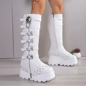 Gothic black Leather Belt Buckle Boots With Skull