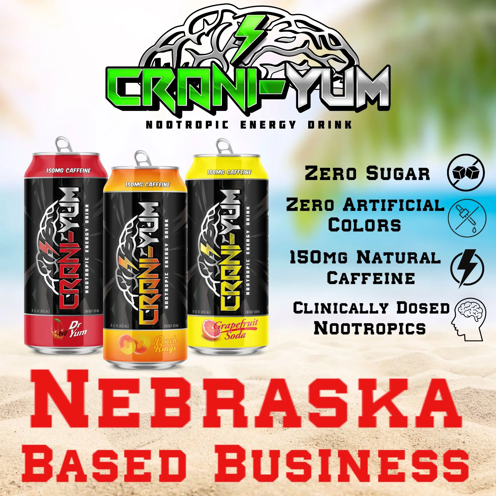 Crani-Yum Nootropic Energy Drinks | 3 Can Sample Pack | Grapefruit Soda, Dr Yum, & Peach Rings16oz - Energy & Focus, Sugar Free, No Artificial Colors, Lion's Mane, Alpha GPC, L-Theanine, Ginseng, Inositol