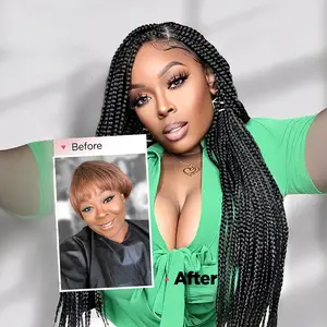 full lace wig high-temperature fiber Knotless Box Braided Wigs for Black Women Glueless Double Full Lace Front Human Hair Blended Lightweight Hand Braid Wig with Baby Hair (1B, 42 Inch)