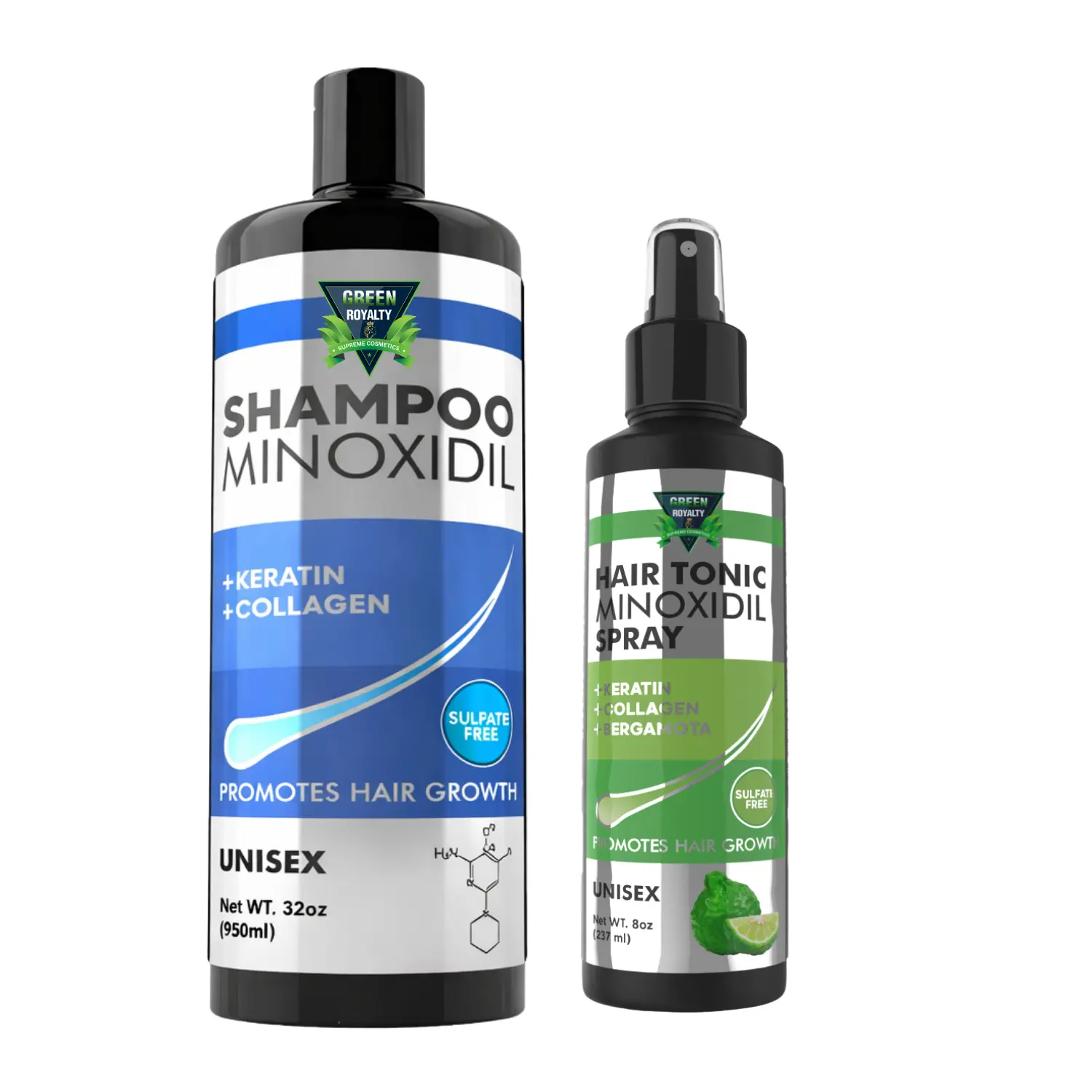 Green Royalty Minoxidil Haircare Set - Strengthening Shampoo (32oz) & Tonic Spray (8oz) with Keratin, Collagen & Bergamot, Sulfate-Free for Men & Women, Lightweight