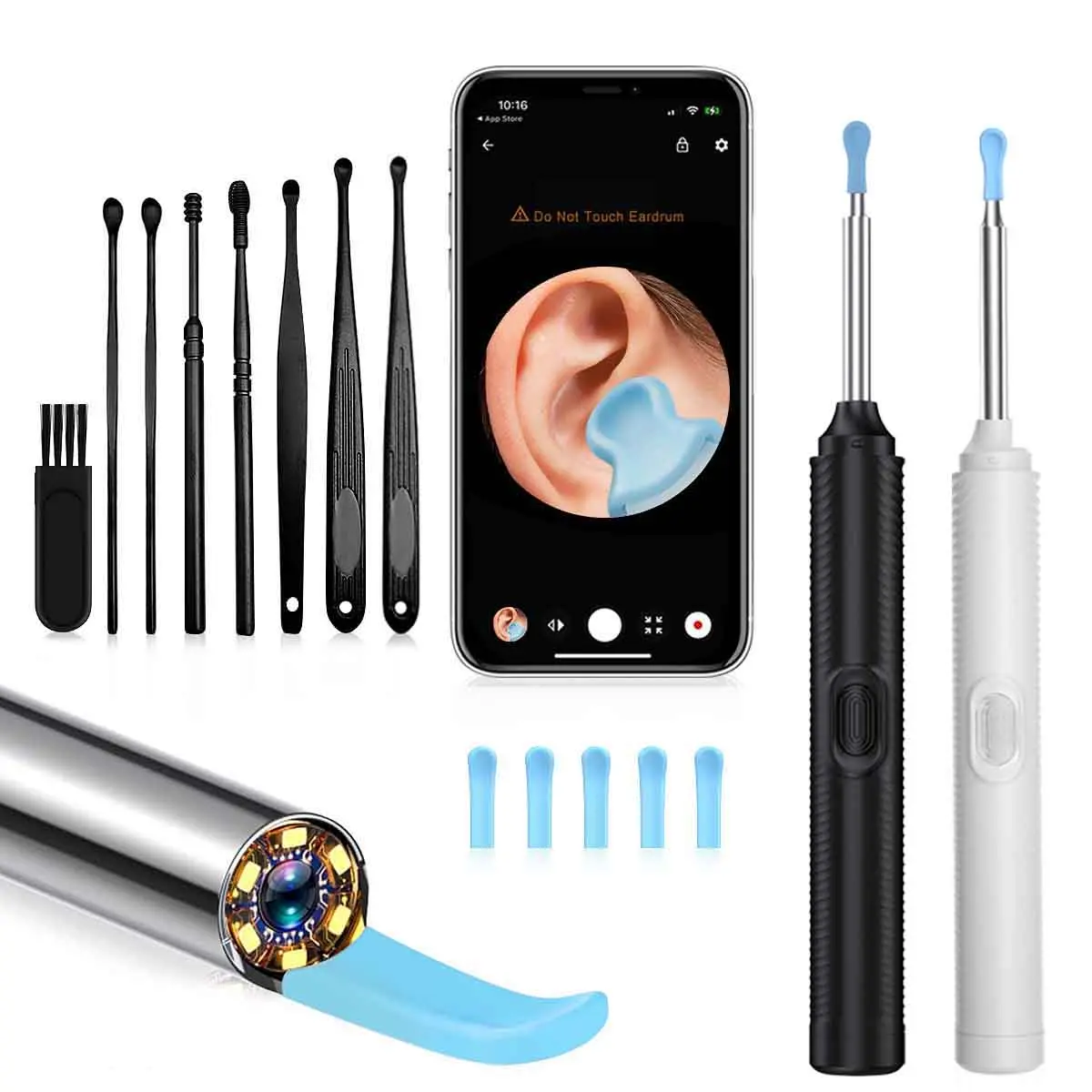 Ear cleaner for all mobile phones, visual earwax remover, earwax removal tool with light and camera, including 5 silicone ear spoon replacement sets, wireless earwax cleaning tool, Ear Canal Cleaner