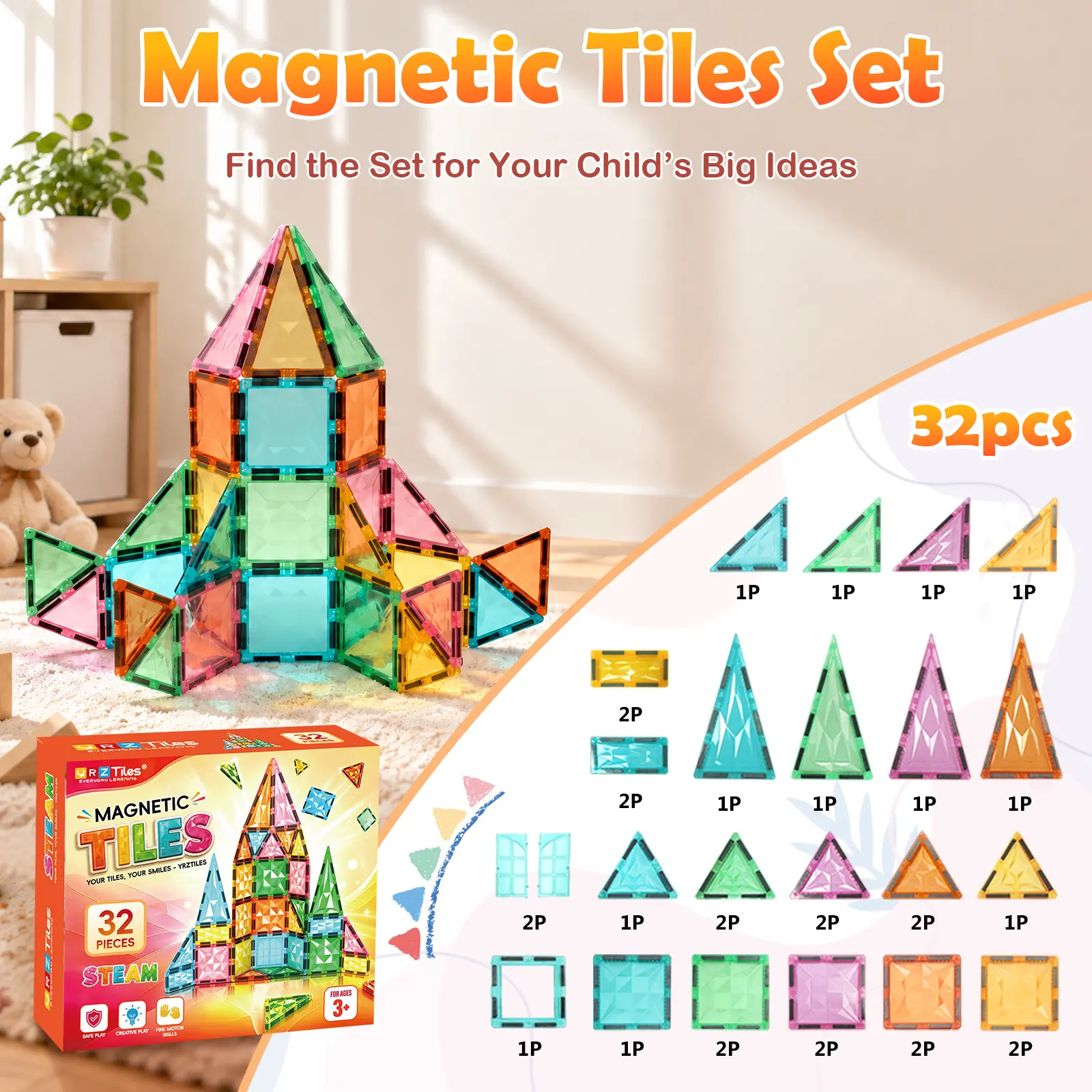 YRZTILES Kids' Magnetic Building Cubes Set32PCS STEM Early Education Tiles, Creative Construction Blocks, Preschool Cognitive Learning Interactive Playset for 3-6 Year Olds