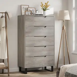 【GARVEE】5-Drawer Wooden Tall Dresser,  Anti-Tip Closet Organizer, Modern Chests of Drawers with Adjustable Legs, for Bedroom, Living Room, Entryway, Grey
