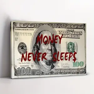 Money Never Sleeps Canvas Art - Motivational Wall Decor with Benjamin Franklin Quote, Wooden Framed Ready-to-Hang Poster for Home Office, Bedroom, or Living Room, Motivational Decor |   Traditional Style |   Readytohang Poster, Poster Wall Art, 2D Flat, P
