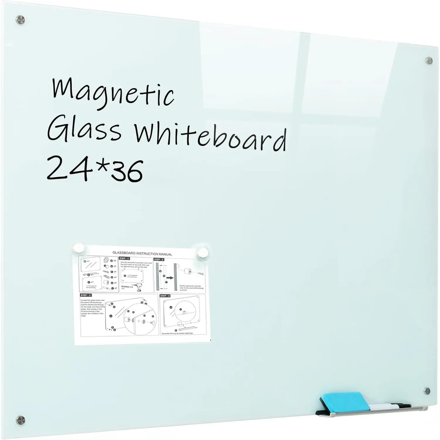 Dry Erase Glass WhiteBoard - Frameless Wall Mounted Glass White Board for School Teaching Office Meeting 24"x36"