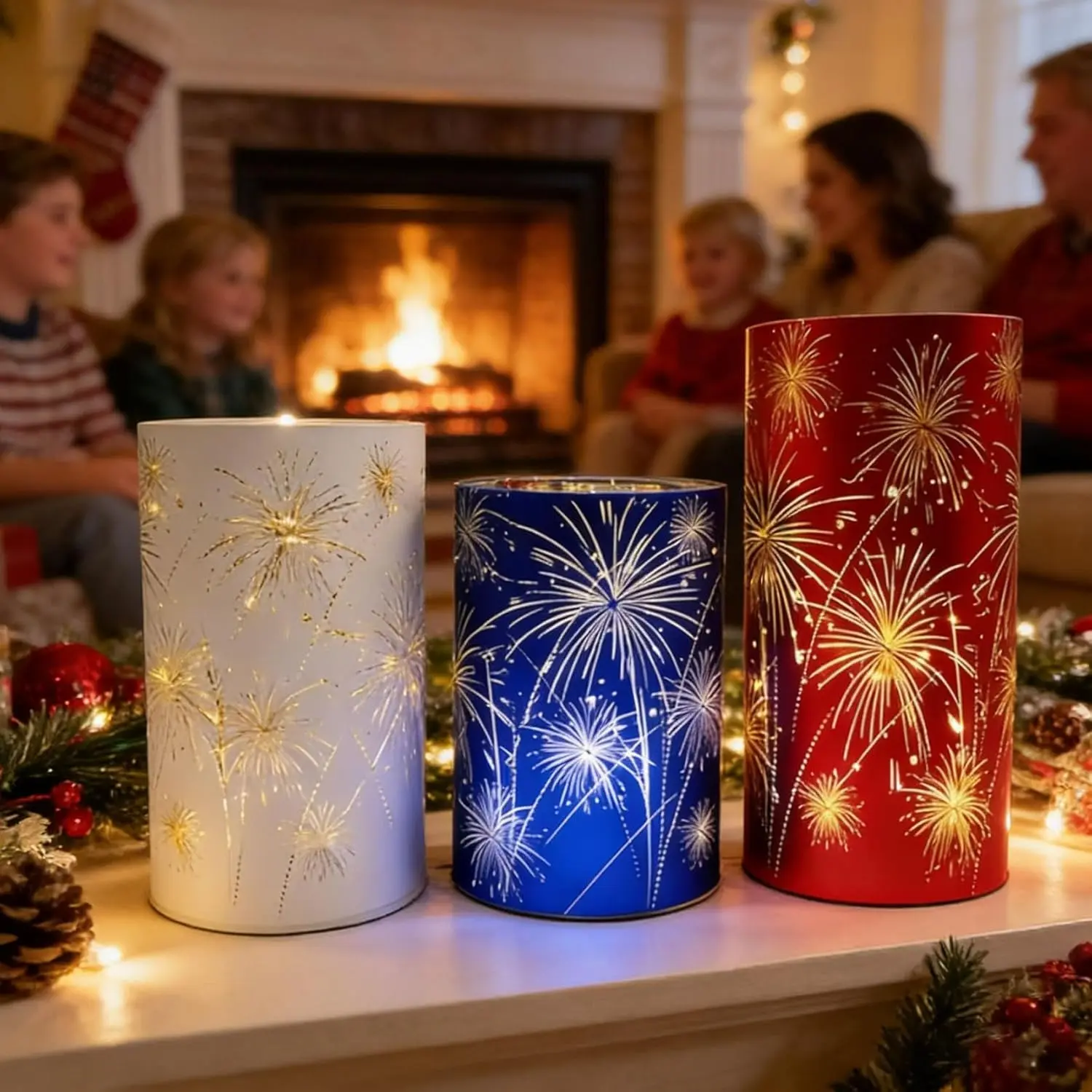 3-Piece Electronic Candle Holder Set, Candle Holders for Table Centerpiece, Home Decor Tabletop Centerpieces for Birthday Parties and Weddings, Featuring Cylindrical Frames with 'Bursting Fireworks' Pattern and LED Light Sources, Available in Warm White
