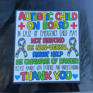 Autistic Child on Board Emergency Info Sticker with Autism Awareness Ribbon Design for Safety Information vinyl decal