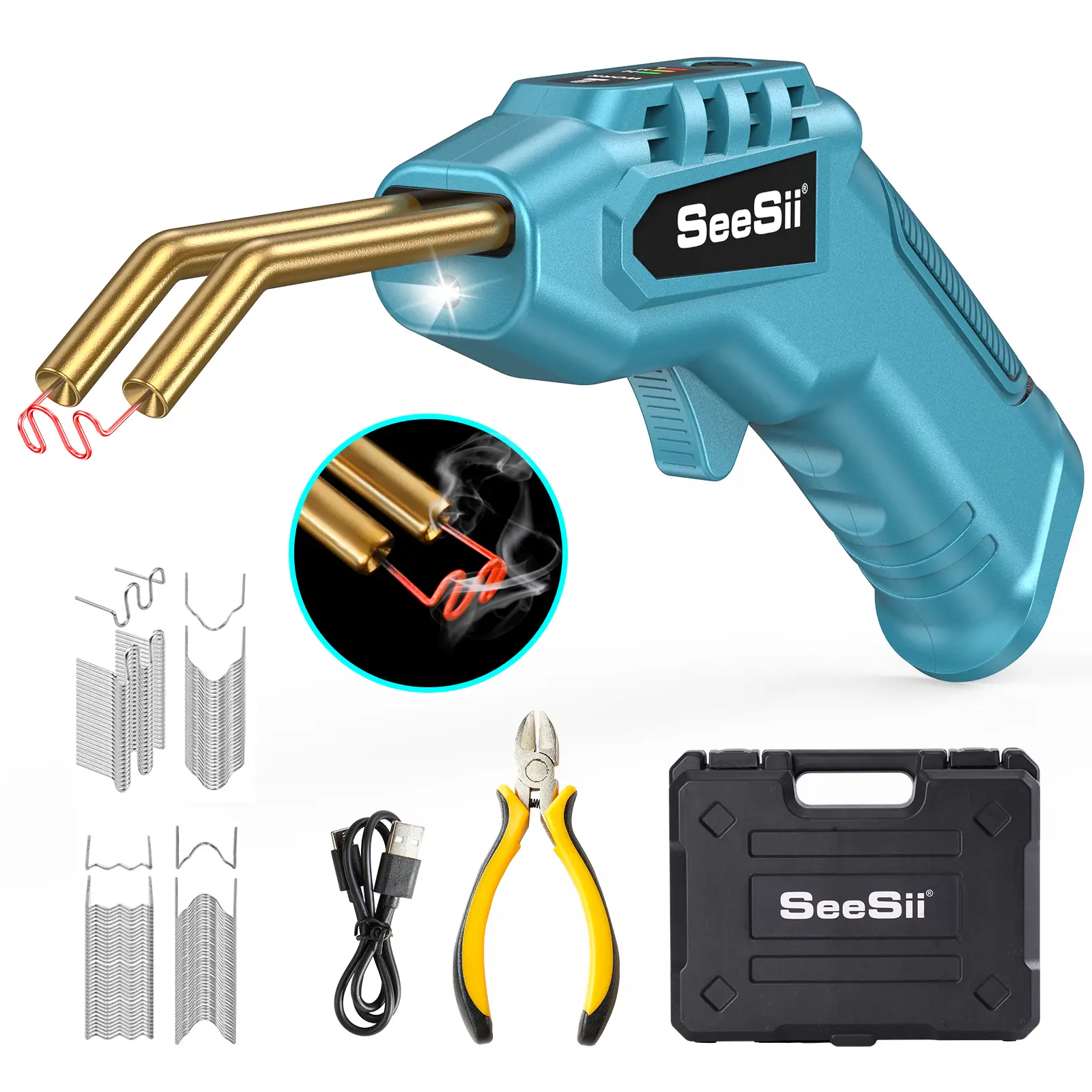Seesii Cordless Plastic Welder Machine, Plastic Welding Kit for Car Fixes - 40W Power, 4.0Ah Rechargeable Battery, 4 Types Staples, LED & USB Included