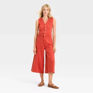 Women's Cropped Sleeveless Denim Jumpsuit - Universal Thread Red 0