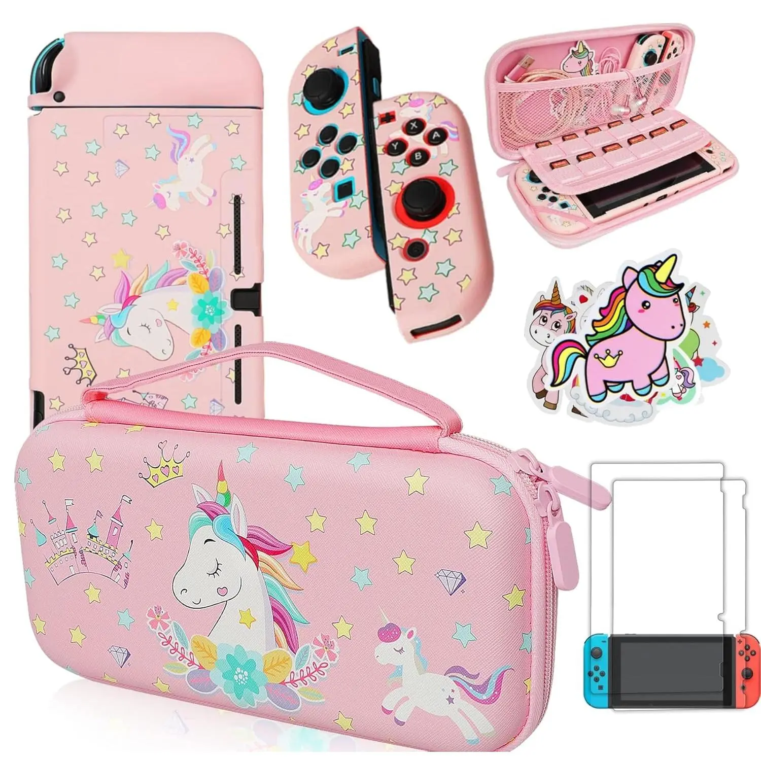 h-70 Pink Unicorn Carrying Case Compatible with Nintendo Switch (Not OLED or Lite) with Dockable Protective Grip Case +Screen Protector +Unicorn Stickers, Hard Storage Case Accessories Kit Bundle for Girls