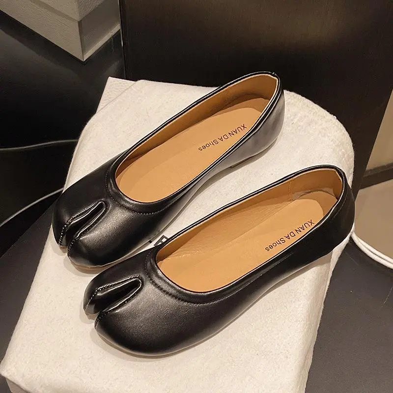Women's Stylish Minimalist Leather Flats - Soft Footwear with Distinct Round Toe Cap, Cut-Out Design, 4 In-Stock Colors (Matte Black, Gentle White, Vintage Brown, Shiny Silver) - Versatile All-Season Shoe
