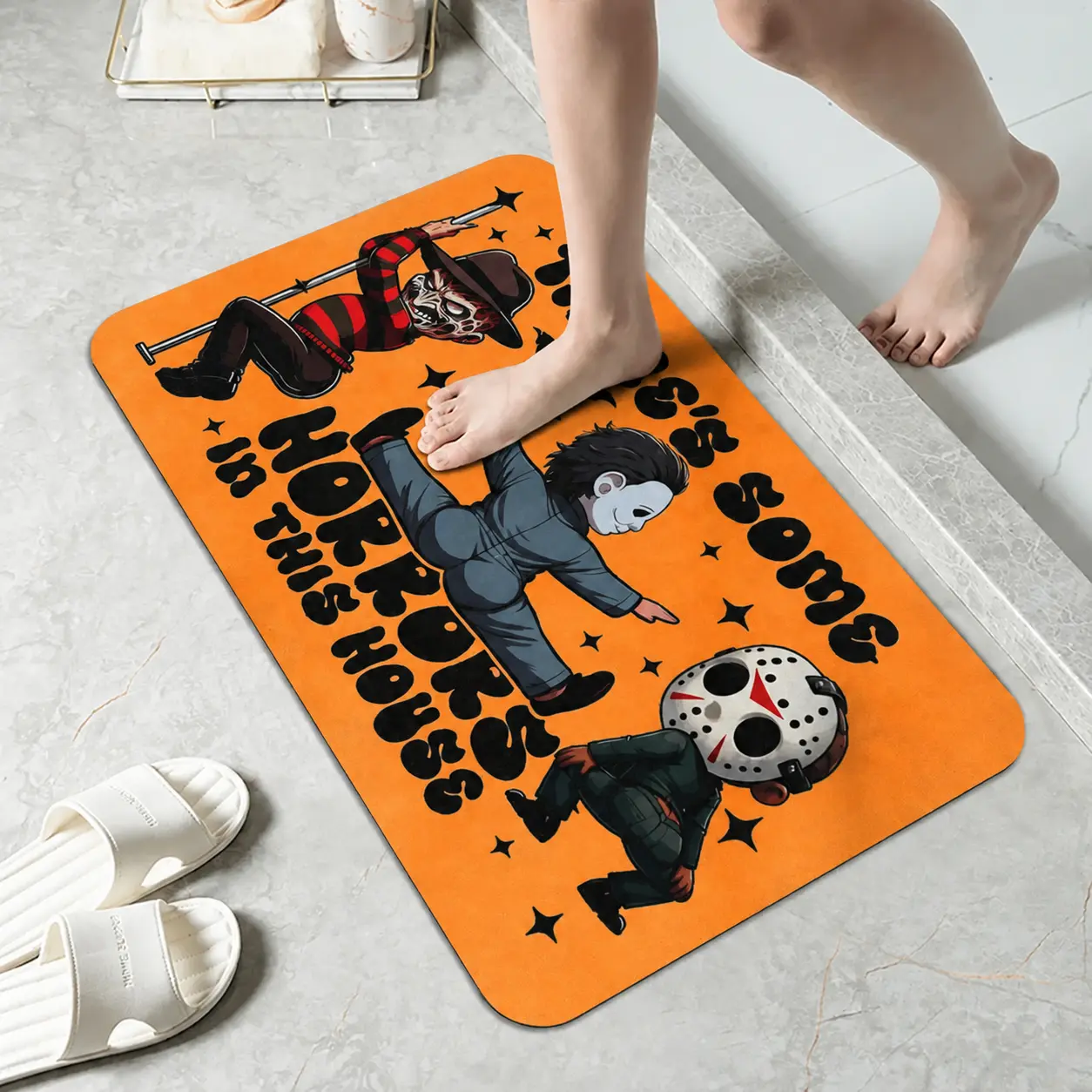 Funny Horror Movie Bathroom Rug - Anti-Slip Rubber Backing, Non-Shedding Absorbent Home Decor Mat for Bathroom & Kitchen, Spooky Halloween Gift for Horror Movie Fans