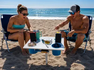 Octable is a unique, portable all-in-one outdoor table that has cell phone slots, cup holders and has ample storage for all your beach gear