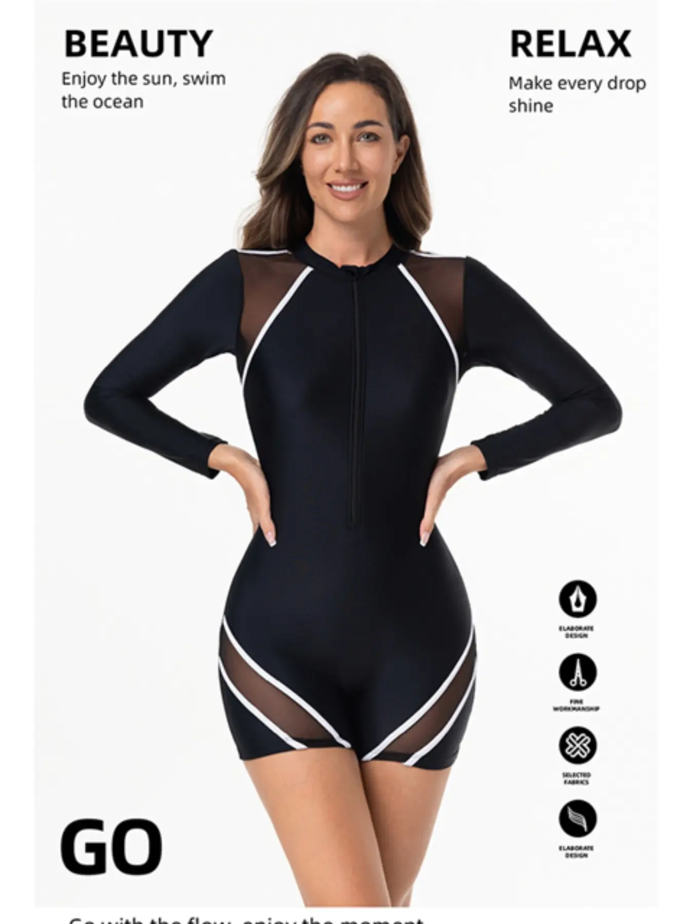 Bestselling Mesh Patchwork Long Sleeve One-Piece Swimsuit, Front Zipper, Sun Protection, Quick-Dry, Slim-Fit, Beach & Surf Friendly, Swimsuit For Beach