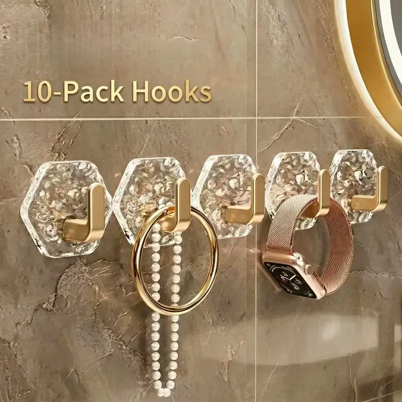 10-Pack Self-Adhesive Hexagon No Drill Hooks - Smooth Hexagonal Ripple Design, Heavy-Duty Waterproof Rustproof Removable Handy Hanging Accessory for Bathroom, Kitchen, Easy-Install Home Organizer for Keys, Towels
