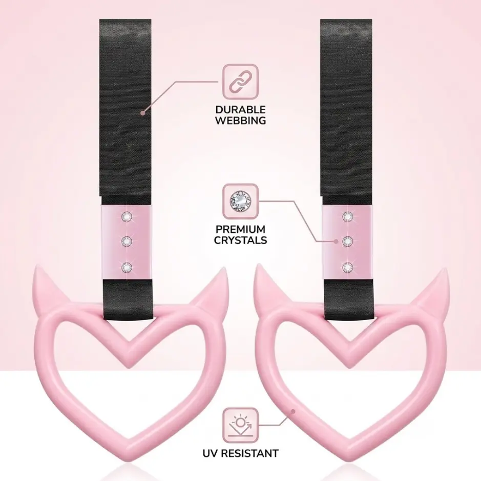 2-Pack Red Devil Style Heart Car Drift Charm and Handle Strap - Universal Interior Exterior Decoration Keychain Accessory