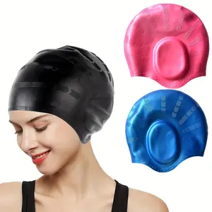 2 Swim Caps, Unisex, with 3D Ear Protection, Durable Soft Silicone Swim Caps, Suitable for Women, Men, Adults, Suitable for Short/Long Hair, with Earplugs and Nose Clip