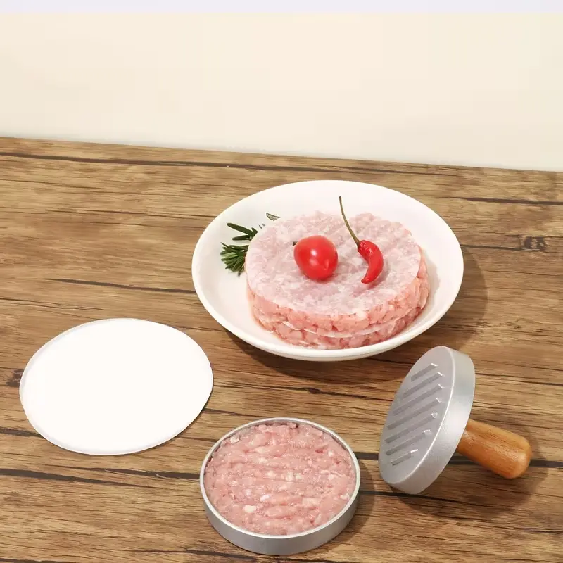 Aluminum Alloy Non-stick Hamburger Press Hamburg Making Machine, Equipped With 100pcs Of Wax-suitable For Barbecue And Outdoor Cooking, Durable Wooden Handle, Easy To Clean And Fashionable Barbecue Accessories. Kitchen Kitchen
