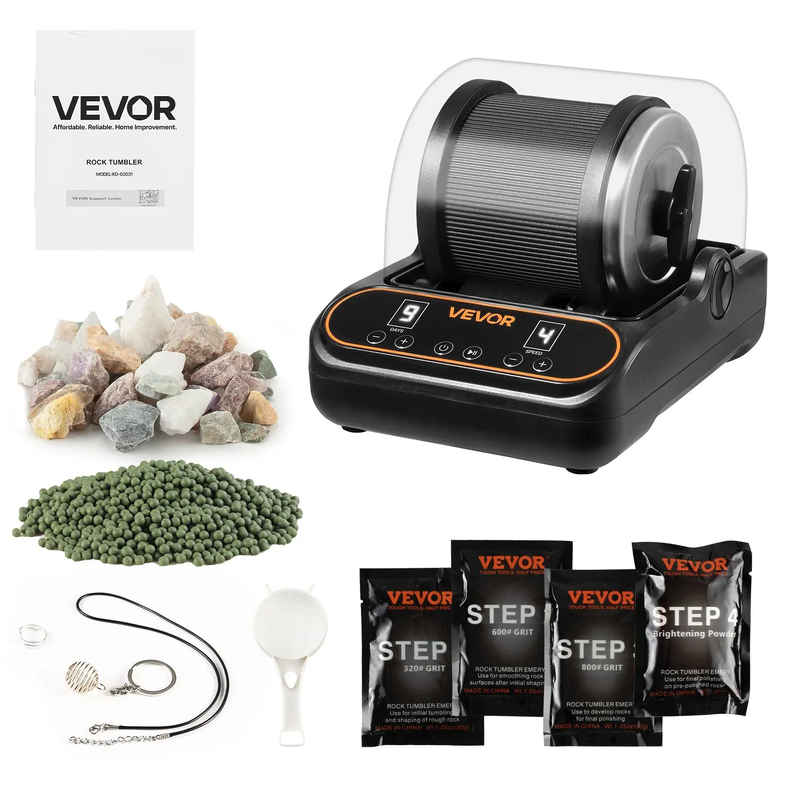 【Backtoschool】VEVOR Rock Tumbler, 2 lb Rock Polishing Machine, Rocks Tumbling Kit with 4-Speed Adjustment, 1–9 Day Timer, PC Sound Reduction Cover & TPU Drum, Direct Drive Motor Rocks Polishing, Quiet Operation