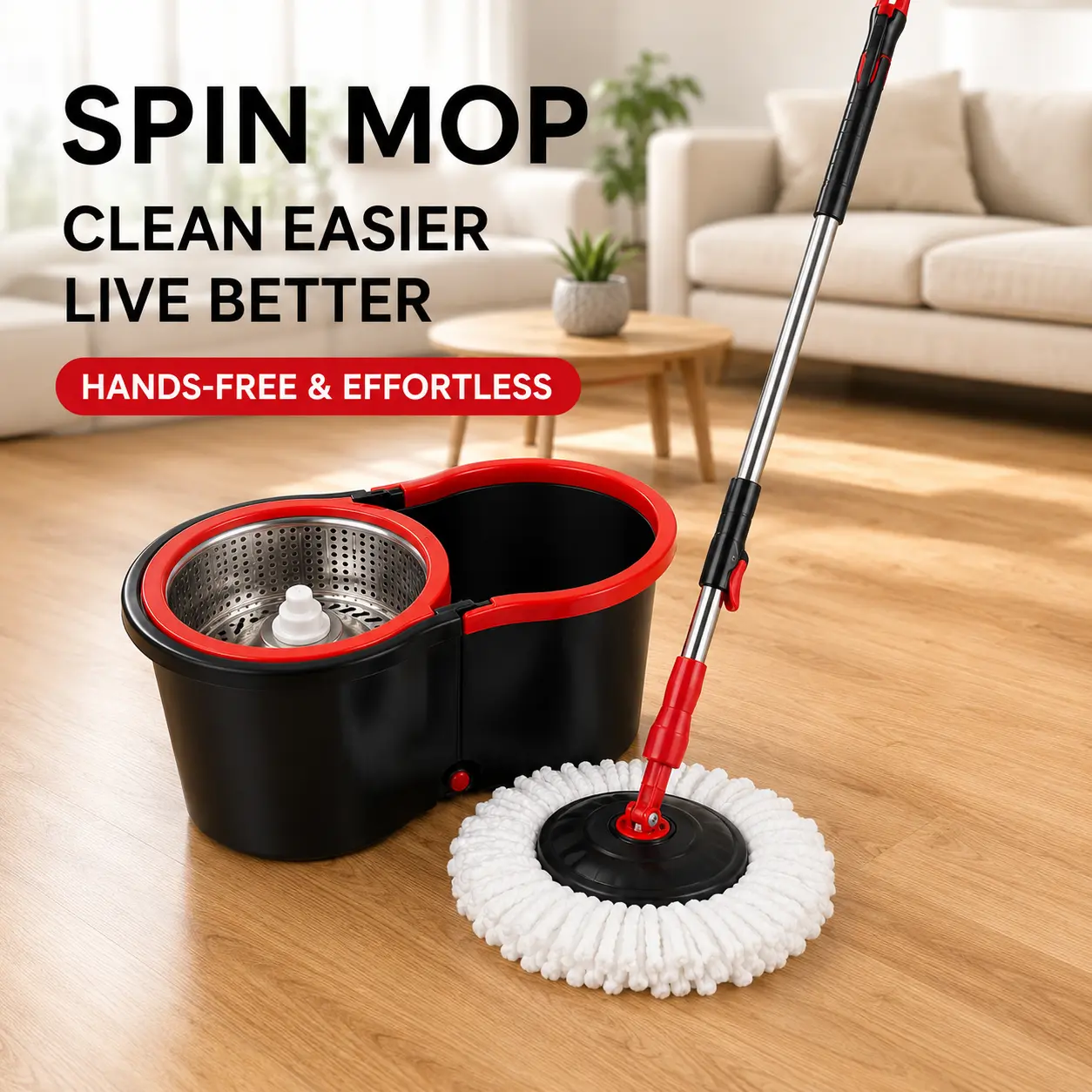 Spin Mop Bucket Set with Wringer, 360° Rotating Mop System with 1 Microfiber Mop Head, Stainless Steel Mop Pole, 47-Inch Adjustable Handle, Household Floor Cleaning Tool, Black Plastic Bucket