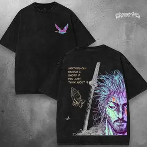Retro Vagabond Musashi Miyamoto Washed T-Shirt Anime Double Printed Vintage Inspired Y2K Washed Tee Unisex Soft Cotton T-shirt for Anime Fans and Lovers Fabric Menswear 83O