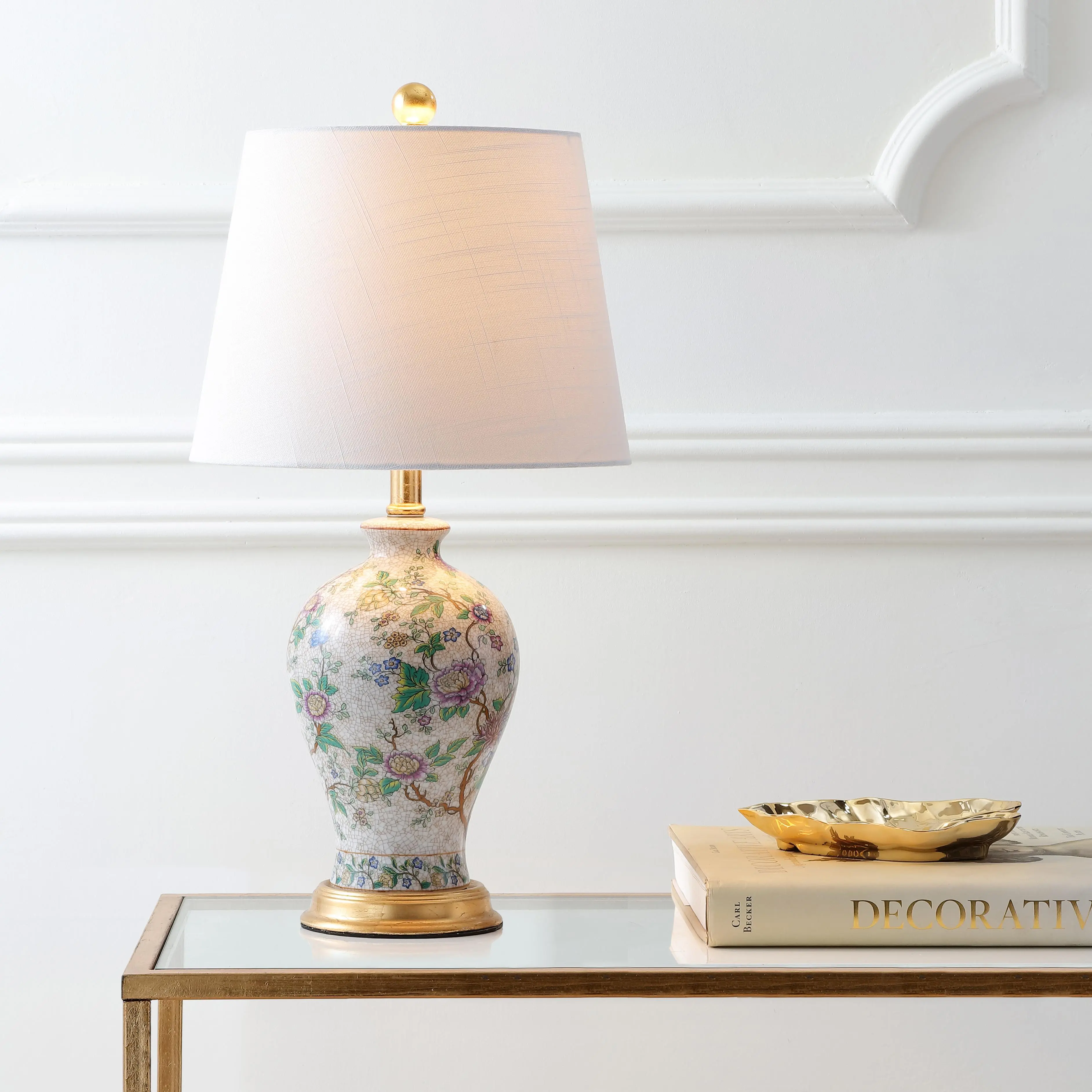 JONATHAN Y Grace 24" Ceramic Table Bedside Lamp - French Country Floral Urn, Chinoiserie Ginger Jar, Shabby Chic Cottage Style, Linen Shade, Gold Metal Base, LED Bulb Included, Indoor Light for Flower-Themed Room Decor