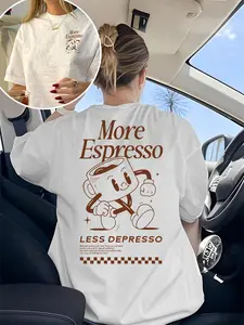 Women's crewneck short-sleeve tee top, "More Espresso Less Depresso" retro coffee cup graphic | #WomensCrewneck #CoffeeTee #RetroVibes