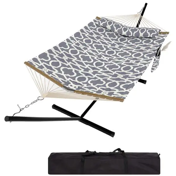 12FT 2 Person Outdoor Hammock with Stand – Heavy Duty 450lb Capacity, Weather-Resistant Quilted Polyester, Hardwood Spreader Bar, Portable with Carry Bag – Perfect for Patio, Garden, Backyard