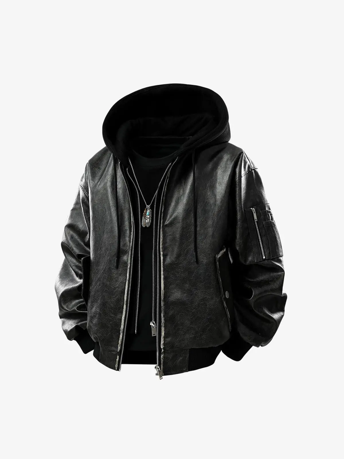 Thesupermade Retro Distressed Washed PU Leather Cotton Jacket, Tops, Fashion, Coats, Skull, Casual, Knit, Long Sleeve, Style, Round Neck
