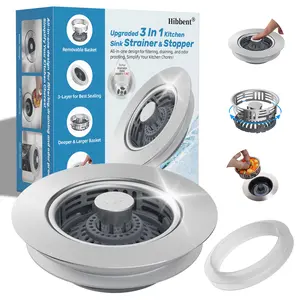 Hibbent Upgraded 3 in 1 Kitchen Sink Drain Strainer, Stainless Steel Pop Up Sink Stopper, Larger Anti-Clogging Basket, 3-Layer Seal, Detachable Drain Plug for US Standard 3-1/2" Drain, Brushed Nickel