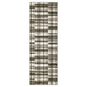 2 x 6 ft Polyester Brown Beige Rectangular Runner Rug, Geometric Checkered Print, Low Pile Weave, Modern Machine Washable, Ideal for High-Traffic Hallway & Entryway, Household Textile Carpet