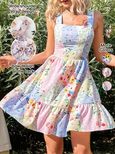 Women's Floral Print Backless Bow Tie Strap Dress, Sleeveless Short Sundress, Boho Bohemian Vacation, Chic, Fitted Summer Dress