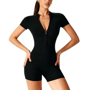 Bodysuit Zip Tummy Control Yoga Workout Work Out Gym Set for Athletic Rompers Romper Leotards One Piece Outfit Sexy