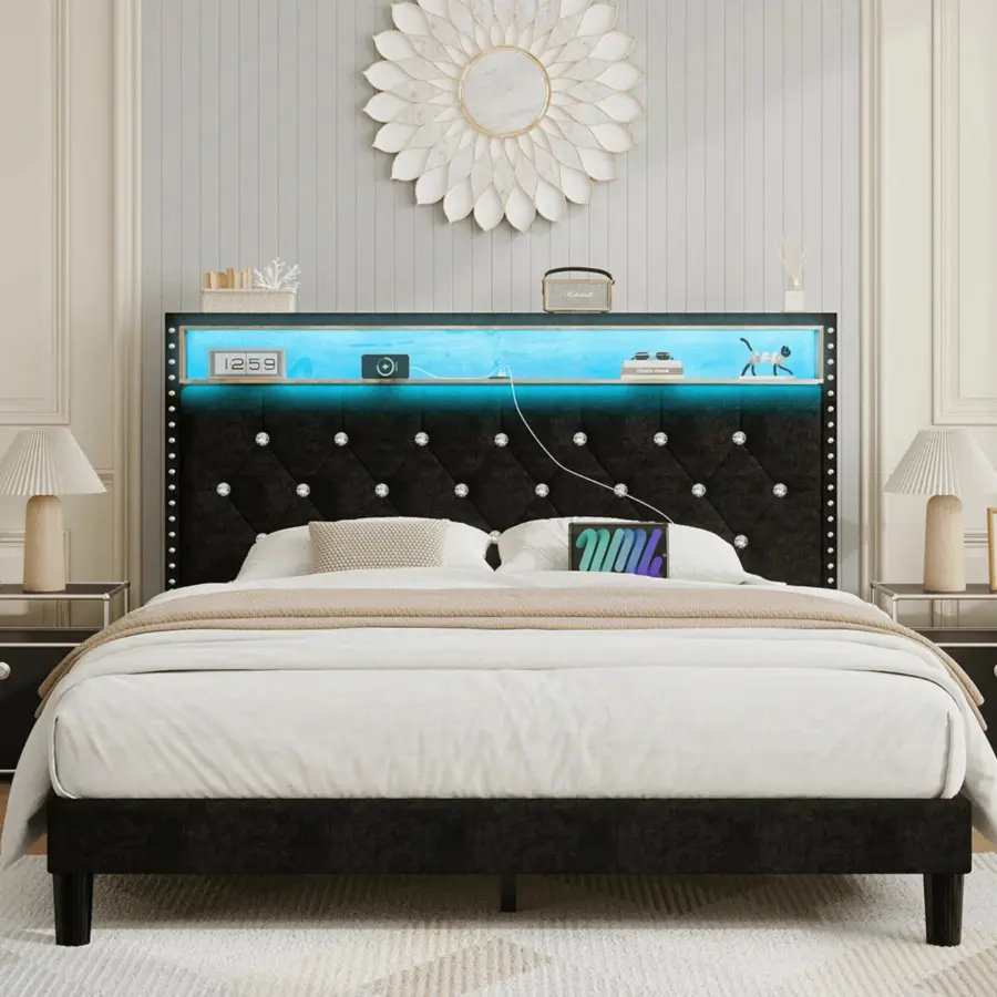 Full-Queen Size Velvet Fabric Headboard with Storage Shelf, LED Lighting, Charging Station, Modern Diamond Tufted Rivet Decor Wingback Bed Frame, No Box Spring Needed, Black/White