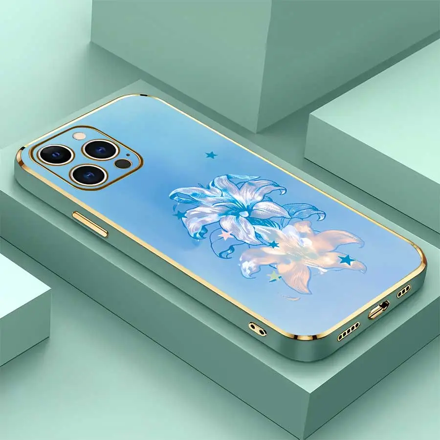Shockproof Soft TPU Phone Case, Star Lily Floral Pattern, Exquisite Electroplated Gold Frame, Minimalist Gentle Protective Cover for Various iPhone Models - 17 Pro Max,16,16 Plus,15,14,13,12 Mobile Phone Accessories, Ideal Birthday Gift