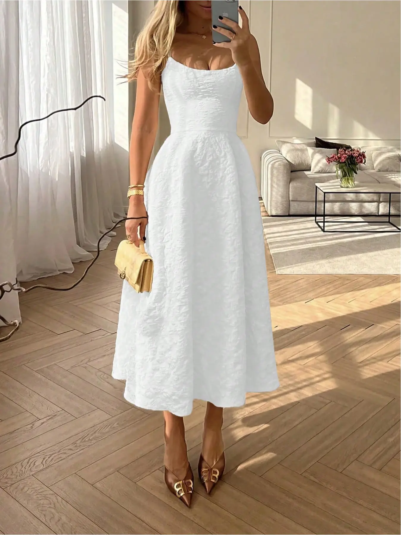 Summer wedding elegant solid color French high-end style light Sleeveless dress, waist-cinching slim-fit suspender dress, midi dress, khaki dress