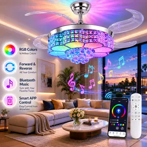 42in Retractable Crystal Chandelier Ceiling Fan with RGB-LED Light, 6-Speed Reversible Blades, Bluetooth Speaker, Remote/APP Control, Indoor Home Use, Father’s Day Gift