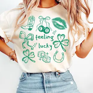 Feeling Lucky St. Patrick's Day T-Shirt, Distressed Shamrock Tee, Coquette St. Patty's Sublimation Design Shirt